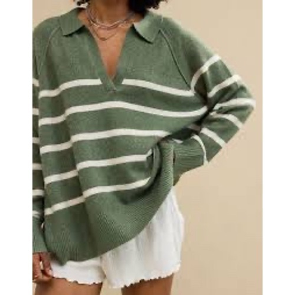 Aerie Striped Polo Sweater Sage Green White V-Neck Knit Pullover M